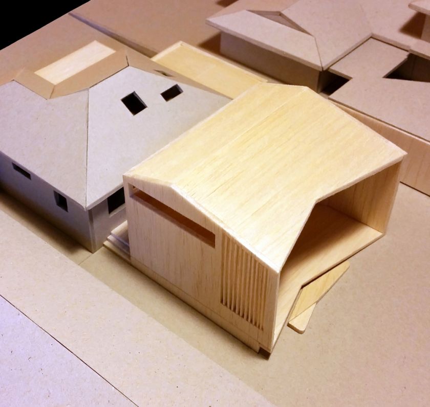 Farrington Ellis House oblique aerial rear view of model