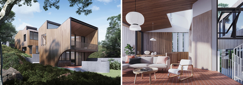 Greenwich House visualisations showcase the design of a new two-storey house on a steeply sloping waterfront site