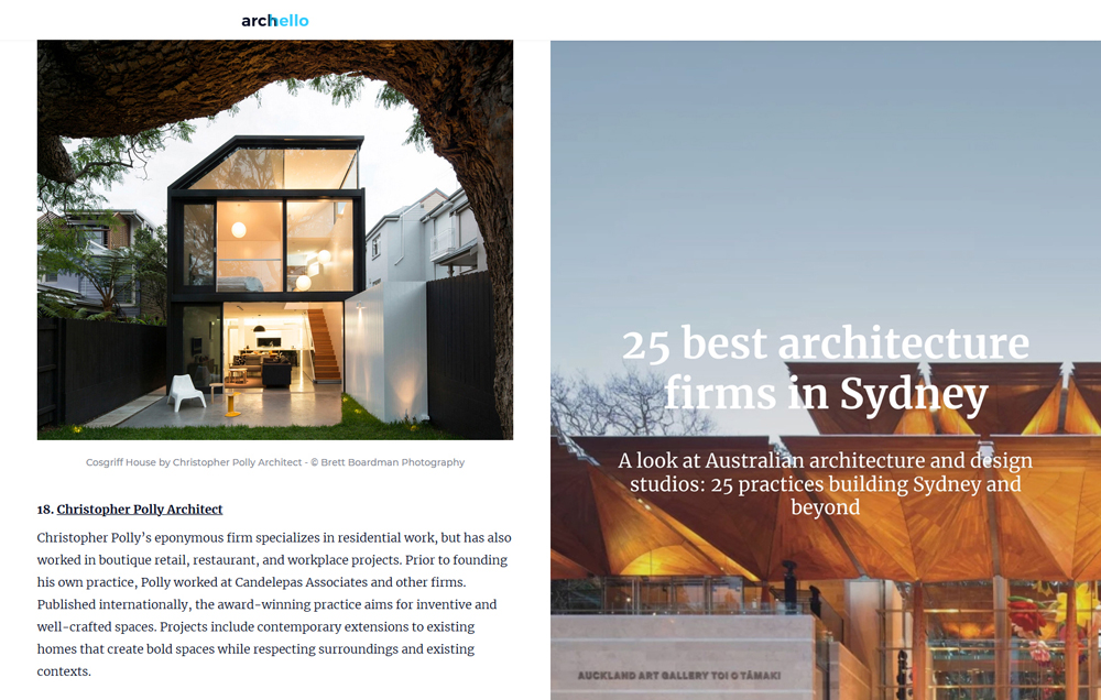 Christopher Polly Architect included in Archello’s 25 Best Architecture Firms in Sydney