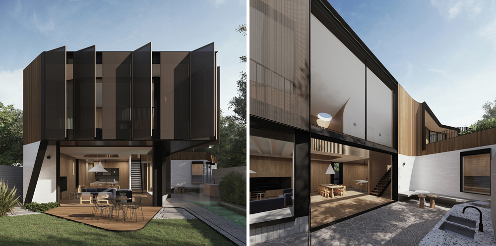 Flexion House visualisations showcase a two-storey house on an expansive site overlooking adjacent parklands and the Cooks River
