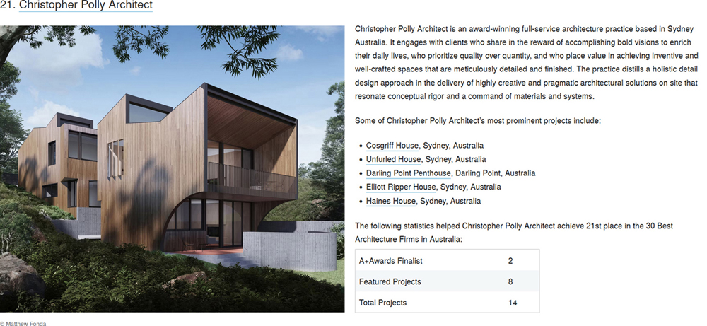 Christopher Polly Architect in Architizer’s 30 Best Architecture Firms in Australia