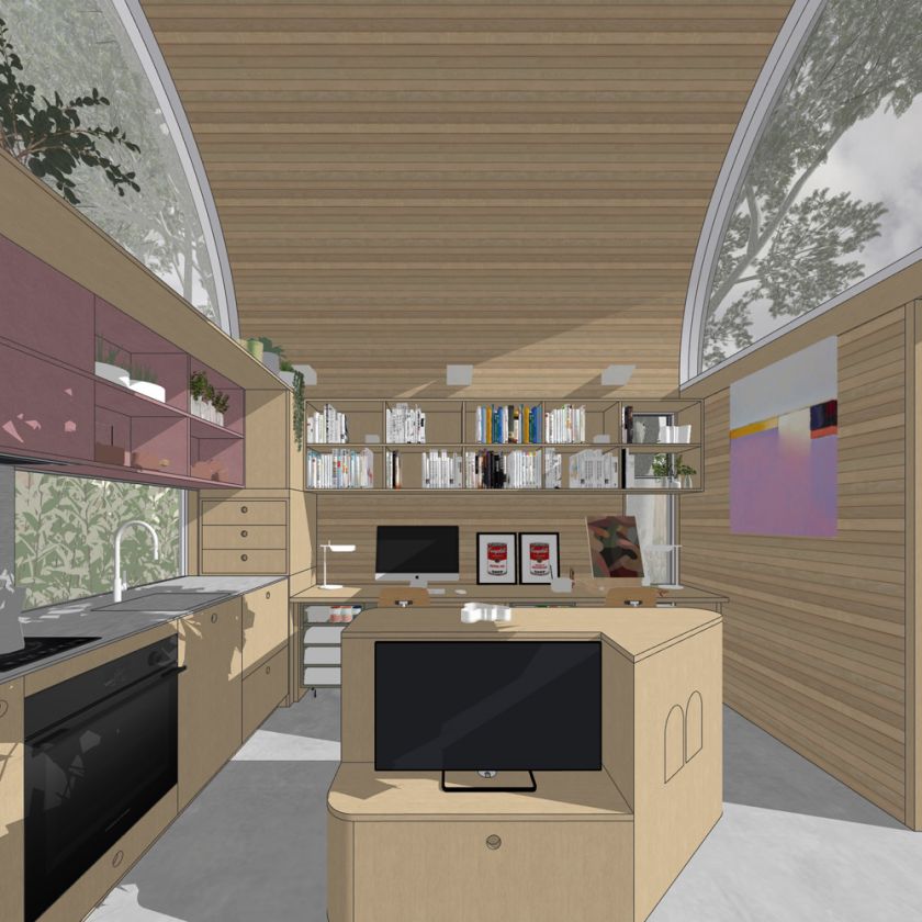 Visualisation of Art Studio Cabin interior view of art workspace and living area