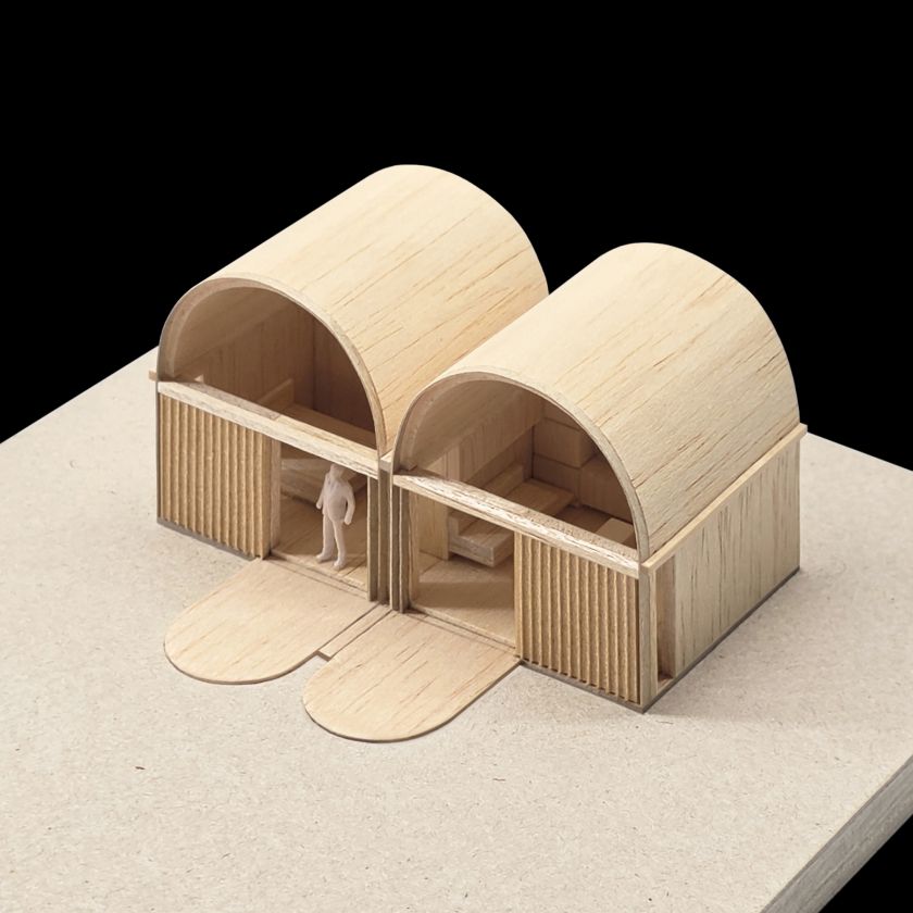 Architectural model aerial oblique right hand side view