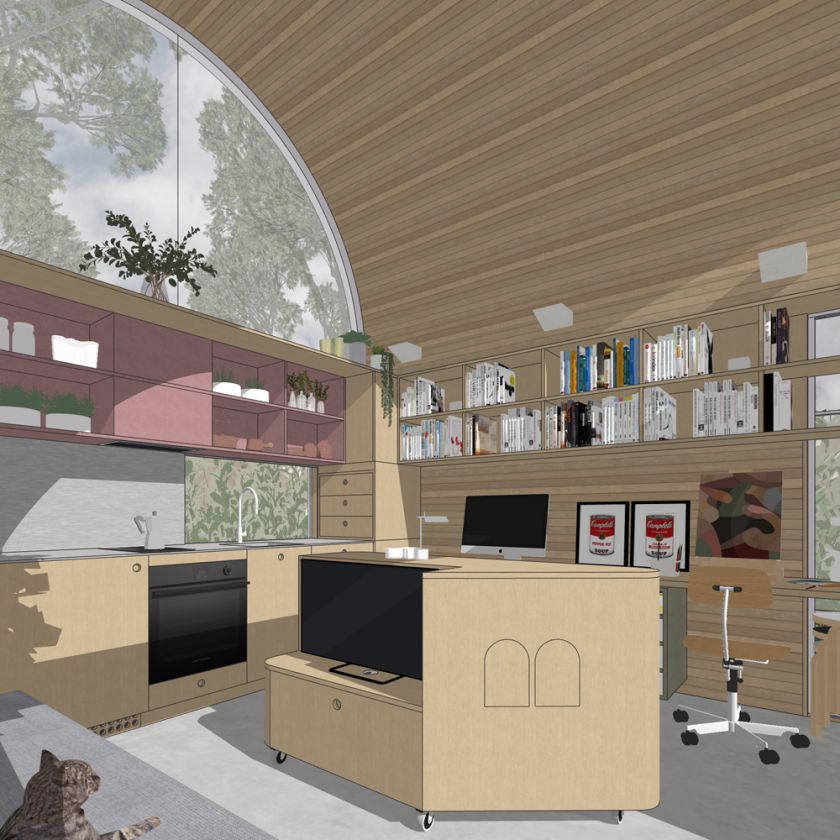 Art Studio Cabin visualisation of living area and art workspace