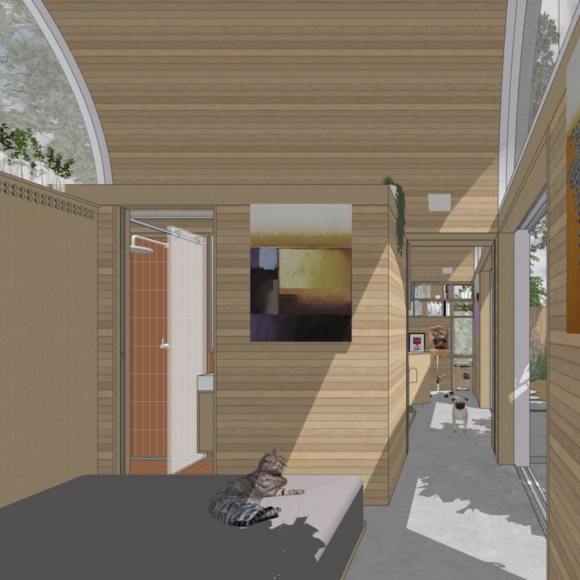 Art Studio Cabin visualisation of bedroom towards art workspace