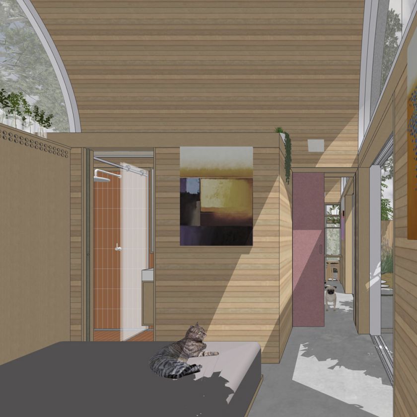 Art Studio Cabin visualisation of bedroom towards art workspace