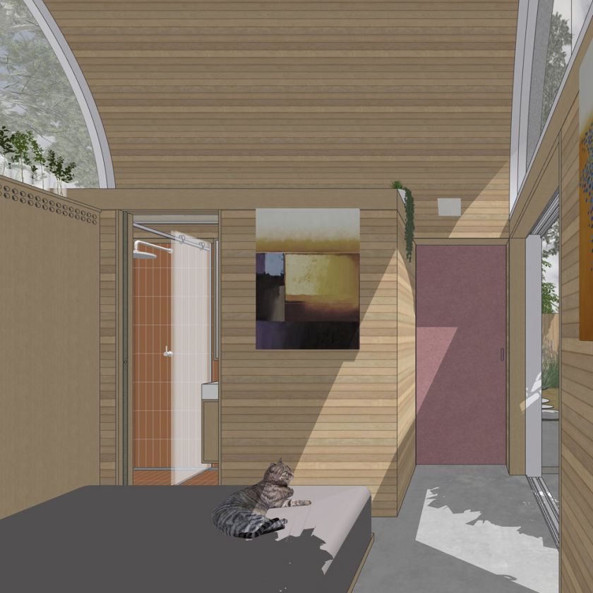 Art Studio Cabin visualisation of bedroom towards art workspace