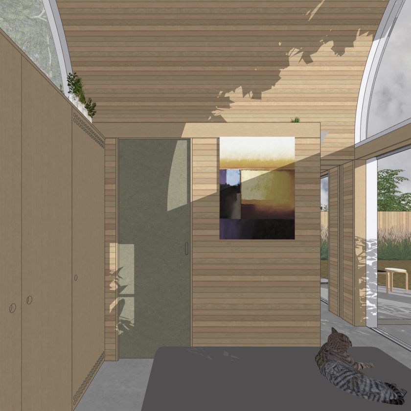 Visualisation of Art Studio Cabin interior view of bedroom towards bathroom