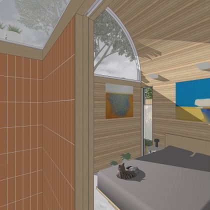 Art Studio Cabin visualisation of bedroom from the bathroom