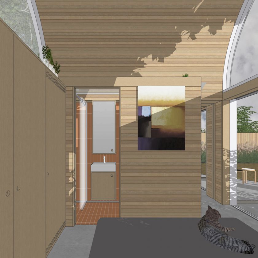 Art Studio Cabin visualisation of bedroom towards bathroom