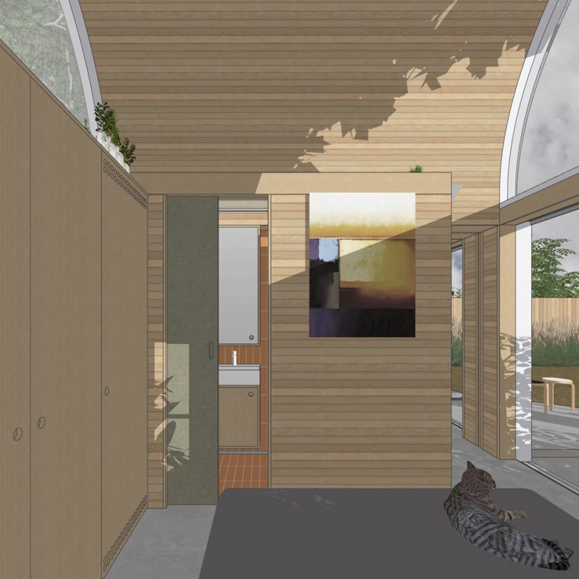 Art Studio Cabin visualisation of bedroom towards bathroom