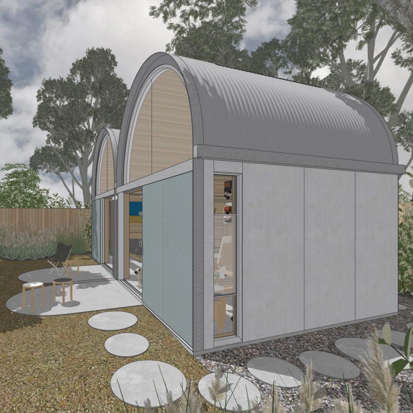 Art Studio Cabin visualisation of elevated view of the exterior at front corner