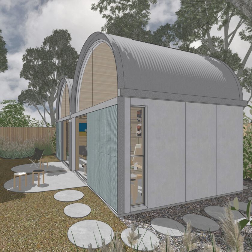 Art Studio Cabin visualisation of elevated view of the exterior at front corner