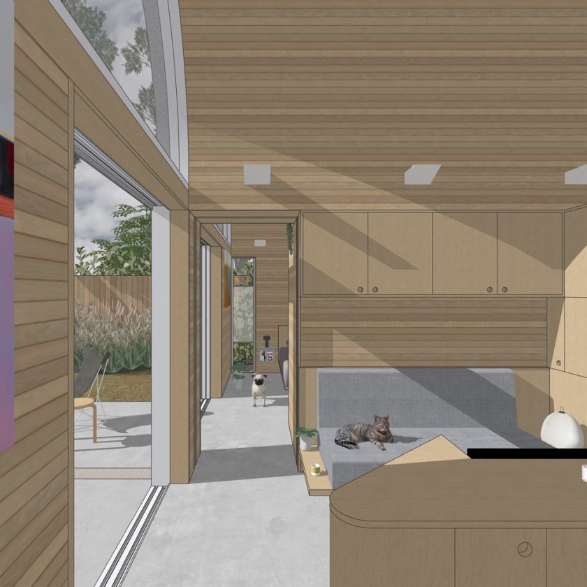 Art Studio Cabin visualisation of the living area towards bedroom
