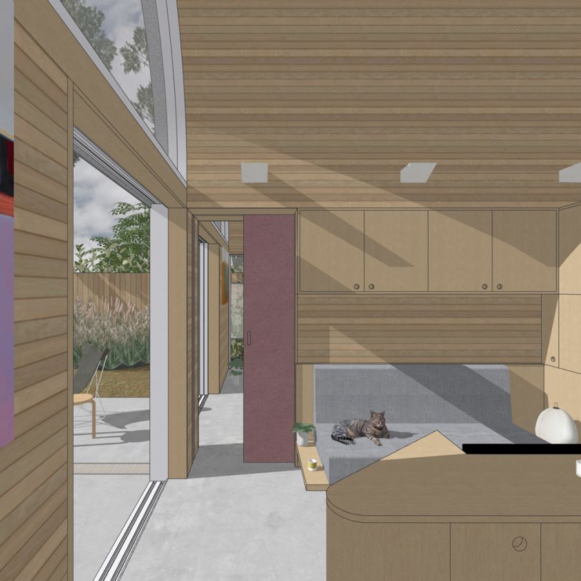 Art Studio Cabin visualisation of the living area towards bedroom