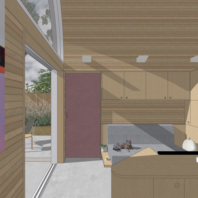 Art Studio Cabin visualisation of the living area towards bedroom