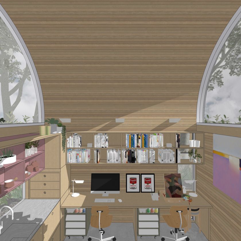 Art Studio Cabin visualisation elevated view of art workspace