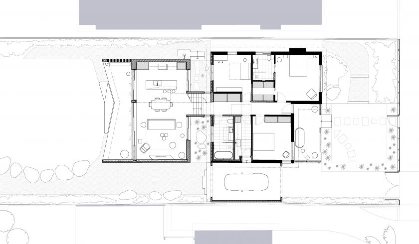 Binary House ground floor plan and first floor plan and site plan