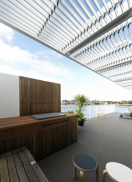 Darling Point Penthouse terrace, pergola & built-in bench and bbq joinery
