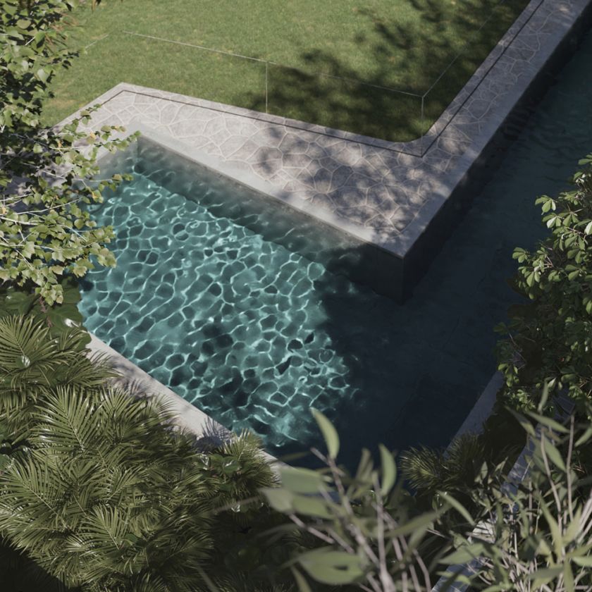 Flexion House exterior aerial view of rear wraparound swimming pool