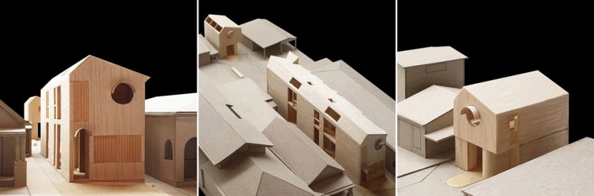National House model exterior front view, aerial view, and rear studio