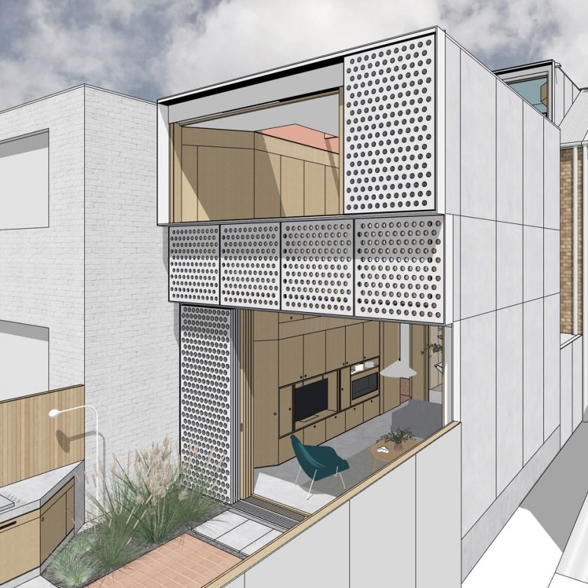 Exterior oblique view of new rear addition