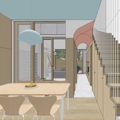 Interior dining area view towards rear