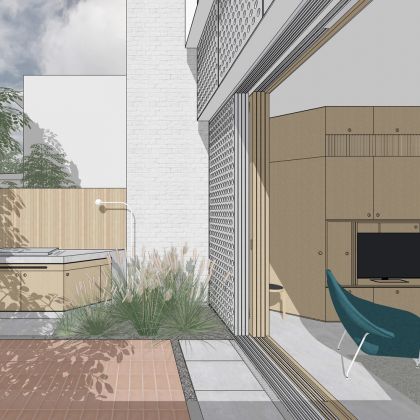 Interior to exterior view at rear