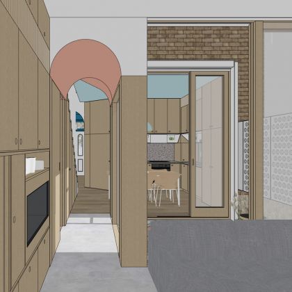 Interior view through hall and courtyard to kitchen beyond