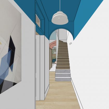 Interior front hall view towards stair