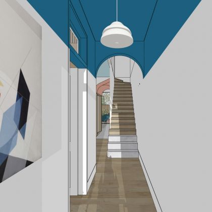Interior front hall view towards stair