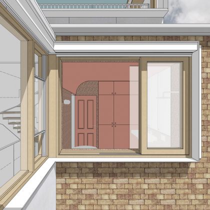 Exterior first floor view of central northern courtayrd towards bathroom