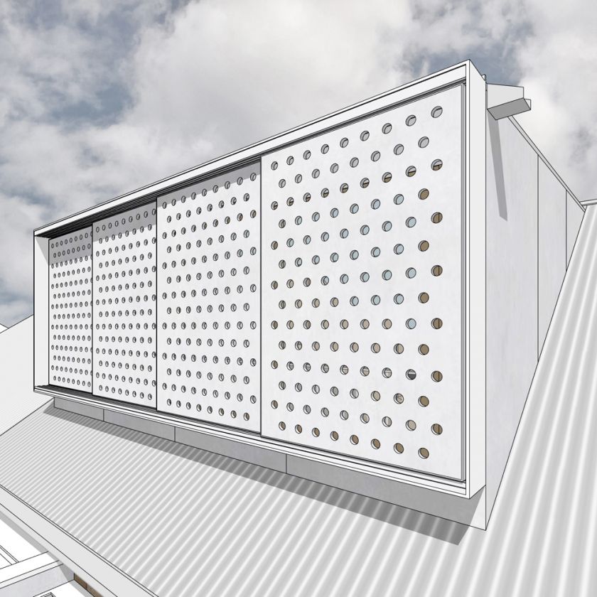 Exterior rear view of attic windows and sliding screens