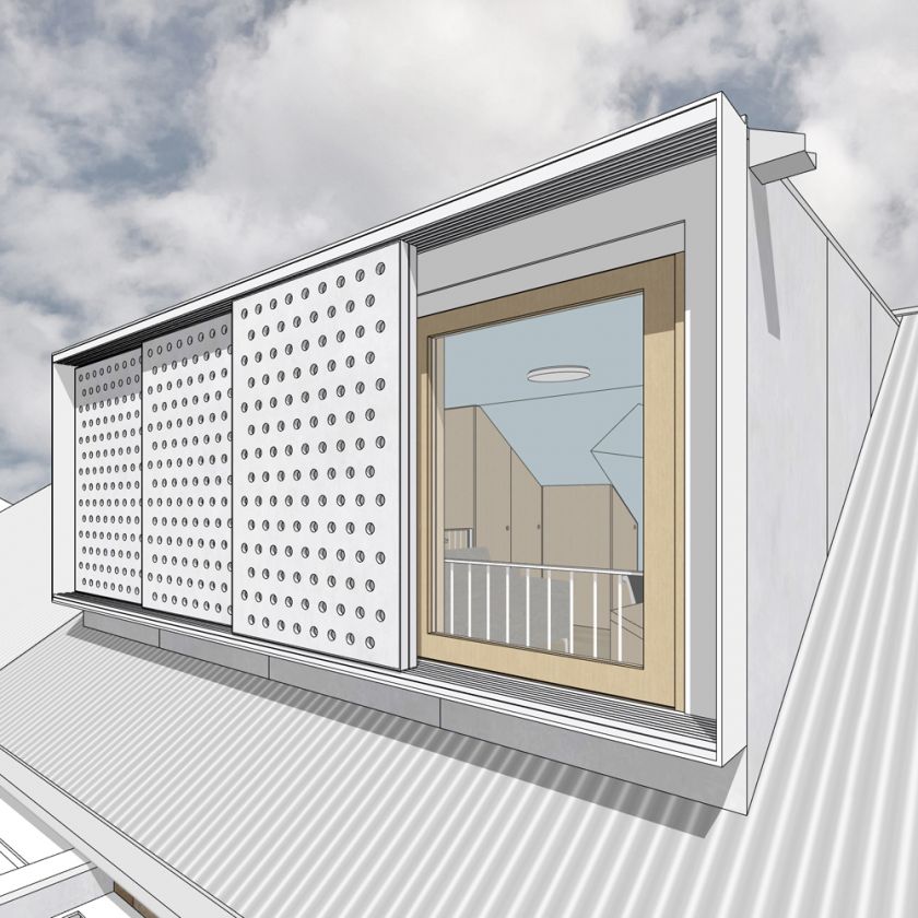 Exterior rear view of attic windows and sliding screens