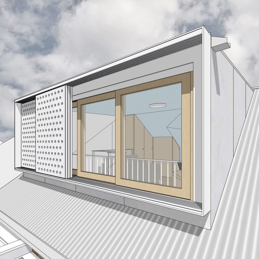 Exterior rear view of attic windows and sliding screens
