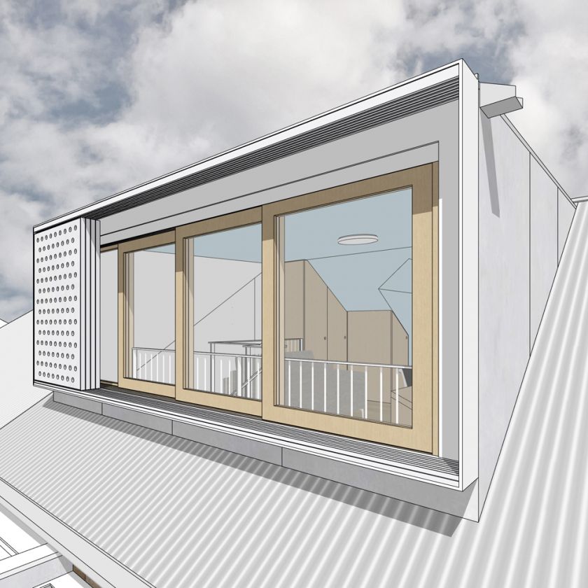Exterior rear view of attic windows and sliding screens
