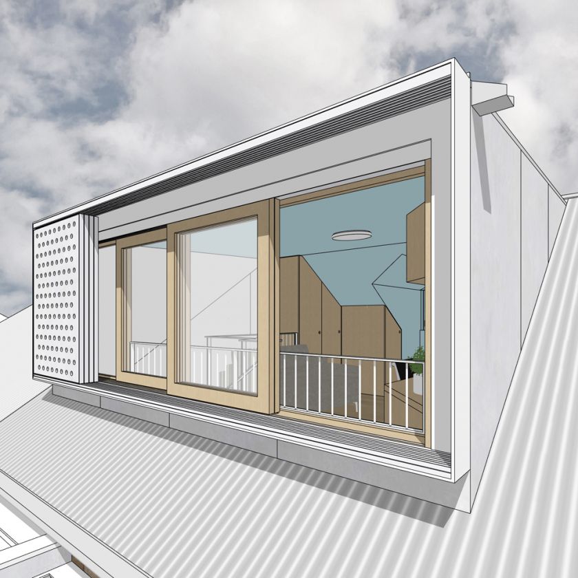 Exterior rear view of attic windows and sliding screens