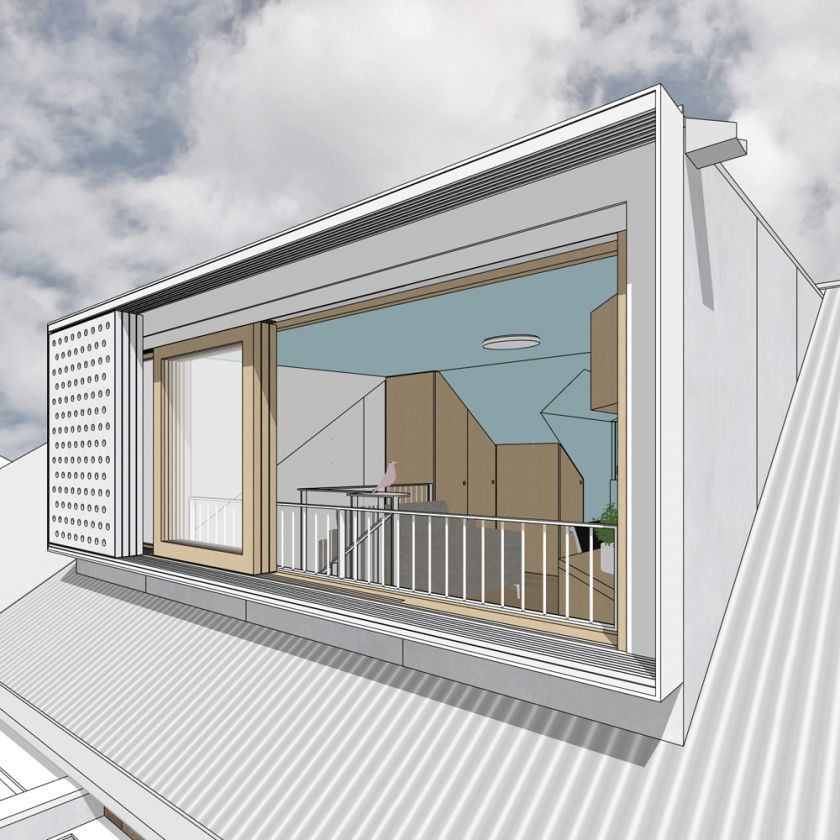 Exterior rear view of attic windows and sliding screens