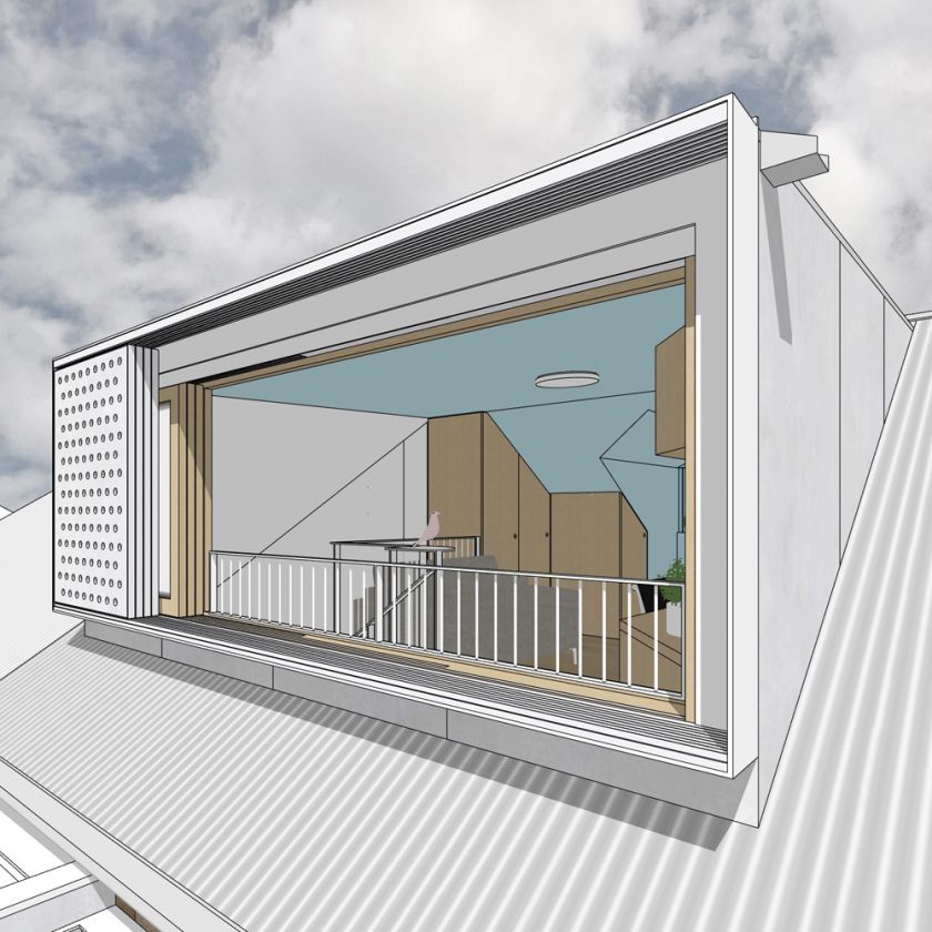 Exterior rear view of attic windows and sliding screens