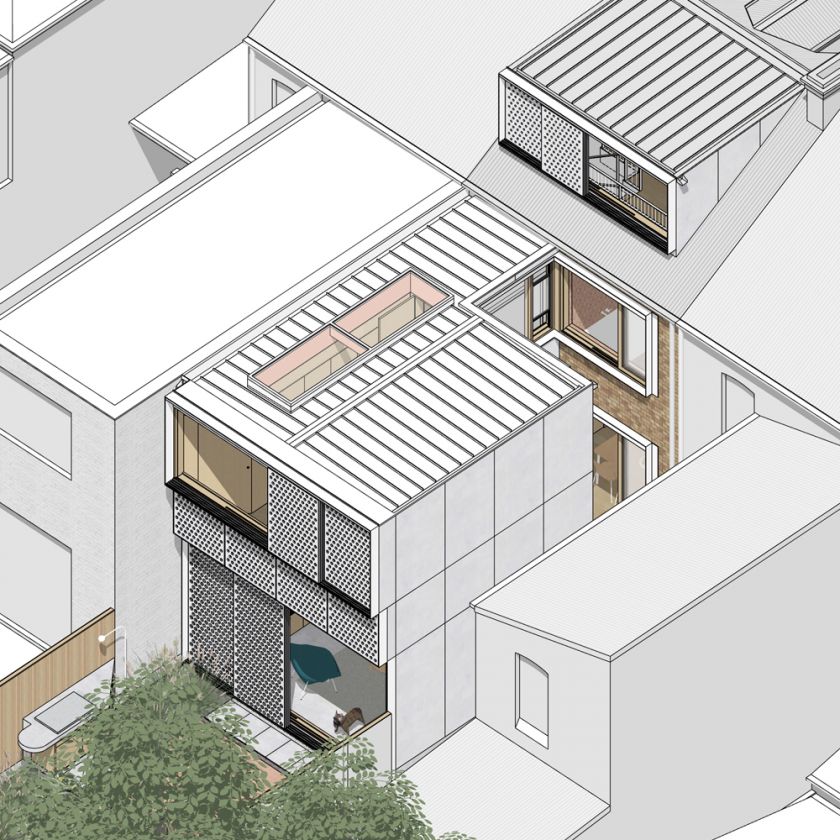 Exterior aerial view of addition and original house