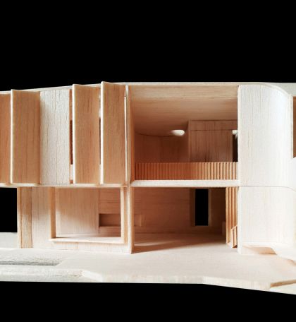 Flexion House model view to northern double height space, bridge and void